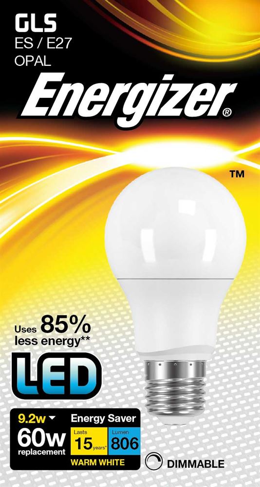 Energizer 9W (60W) LED Standard Shape Bulb GLS ES E27 - Warm White - Dimmable