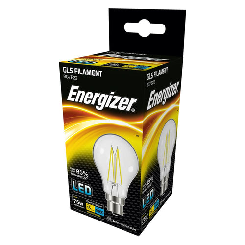 Energizer LED Filament 11 Watt 75 Watt Equivalent BC glass light bulb box.