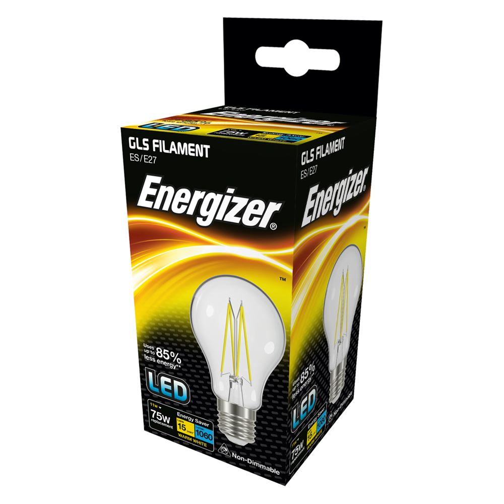 Energizer LED Filament 11 Watt 75 Watt Equivalent glass light bulb box.