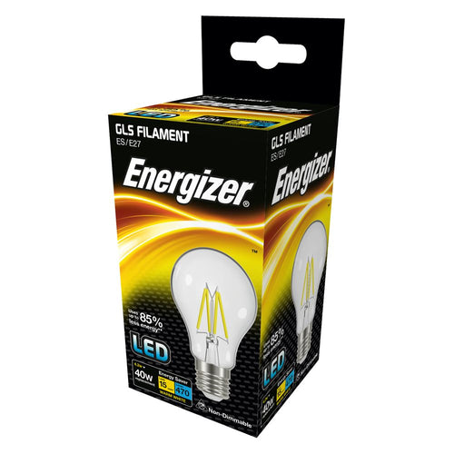 Energizer LED Filament 4 Watt 40 Watt Equivalent ES glass light bulb box.